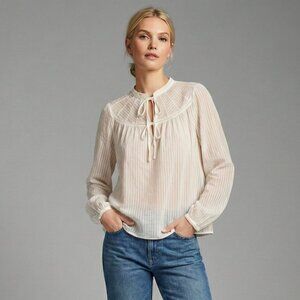 100% Cotton White Sheer Striped Texture Long Sleeve Blouse Premium Perfect Fit